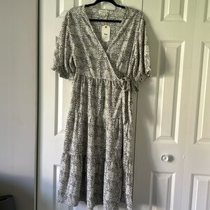 Tiered White with Black Midi Wrap Dress